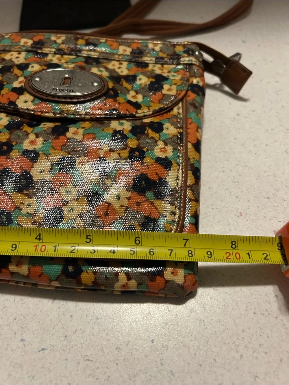 Fossil Floral Canvas Crossbody Bag - Brown, Orange, Teal